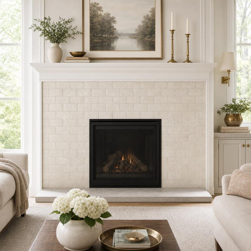 Antique Botticino 3x6 Tumbled Marble Tile — Living Room fireplace surround