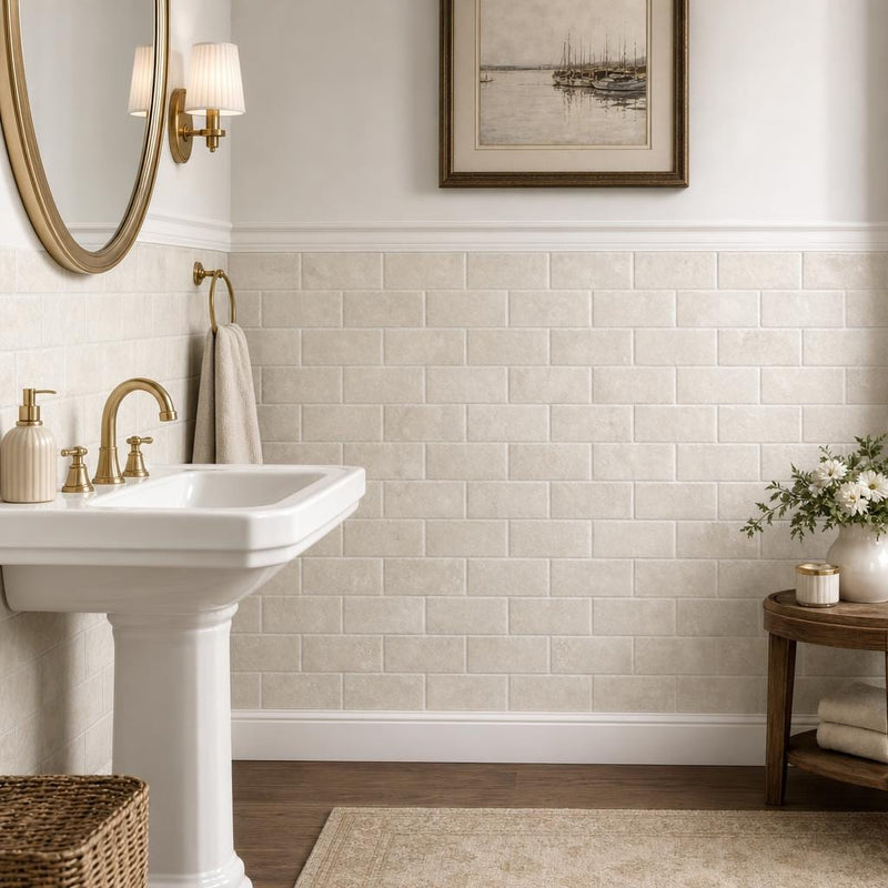 Antique Botticino 3x6 Tumbled Marble Tile — Powder Room wainscot