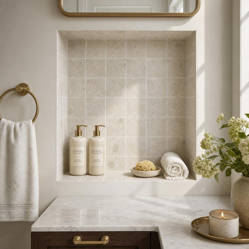Antique Botticino 4x4 Tumbled Marble Tile — Bathroom niche