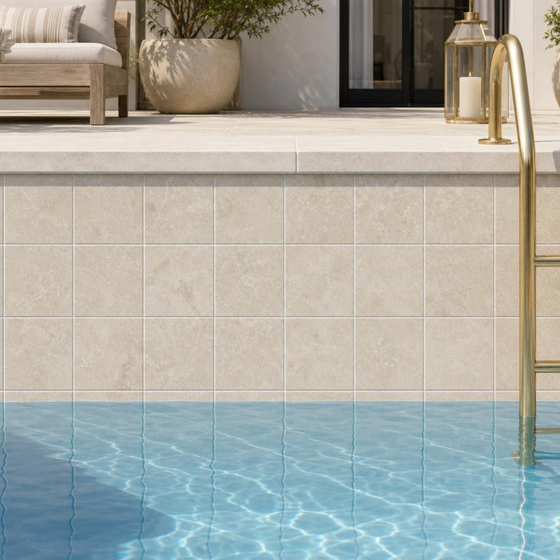 Antique Botticino 4x4 Tumbled Marble Tile — Swimming Pool waterline