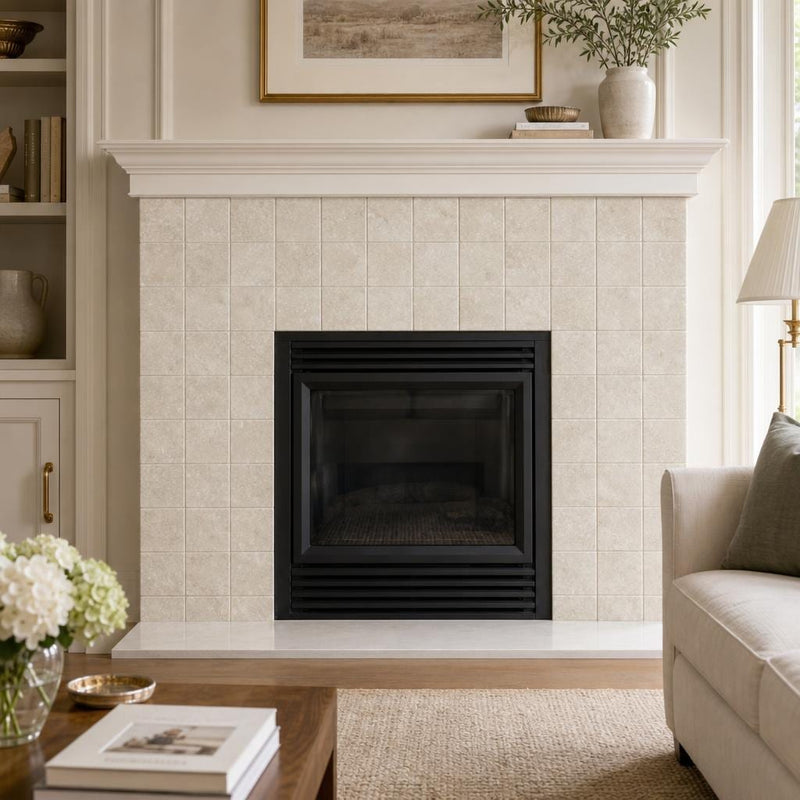 Antique Botticino 6x6 Tumbled Marble Tile — Living Room fireplace surround