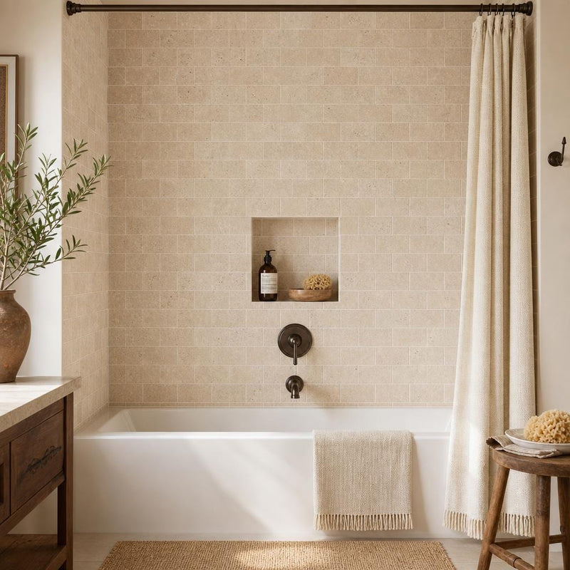 Antique Classico 3x6 Subway Tumbled Travertine Tile — Bathroom tub surround