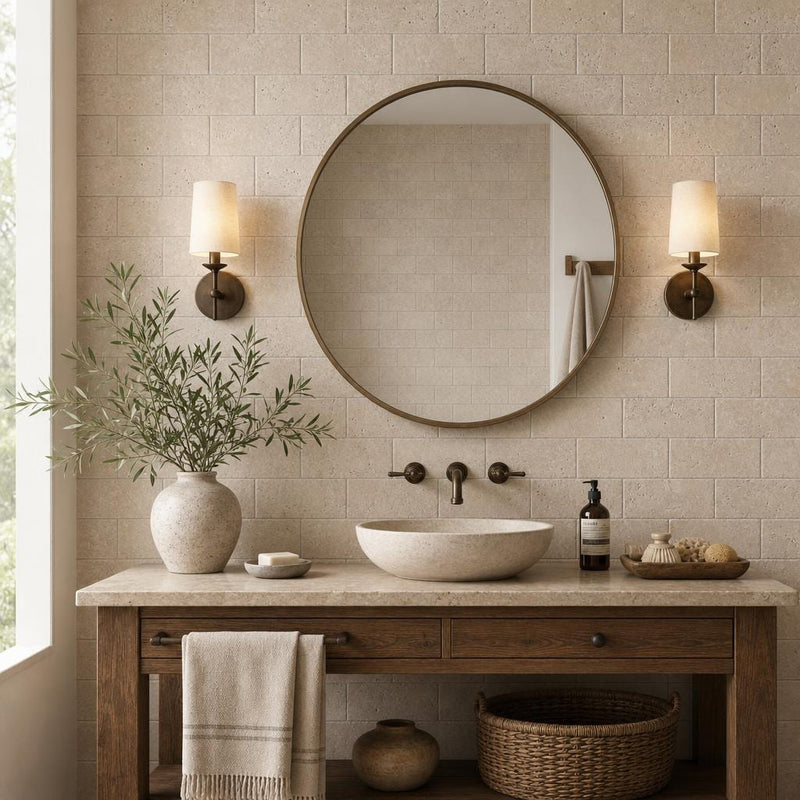 Antique Classico 3x6 Subway Tumbled Travertine Tile — Bathroom wall