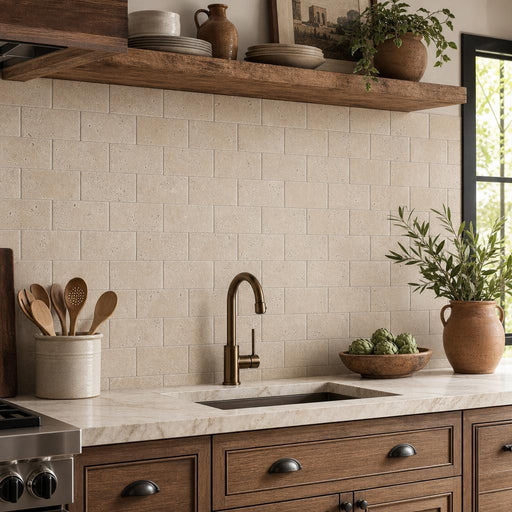 Antique Classico 3x6 Subway Tumbled Travertine Tile — Kitchen backsplash