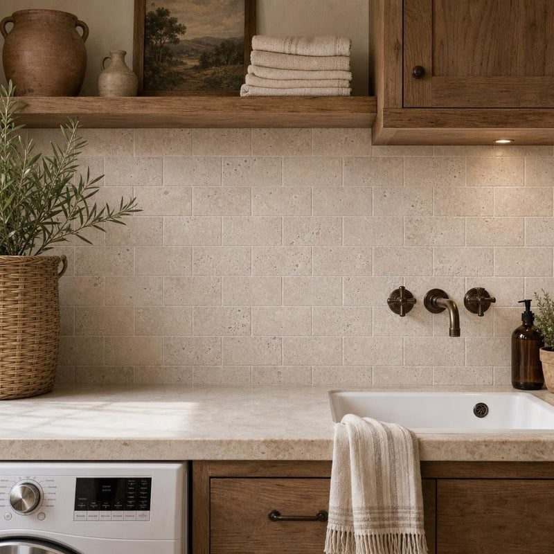 Antique Classico 3x6 Subway Tumbled Travertine Tile — Laundry Room backsplash