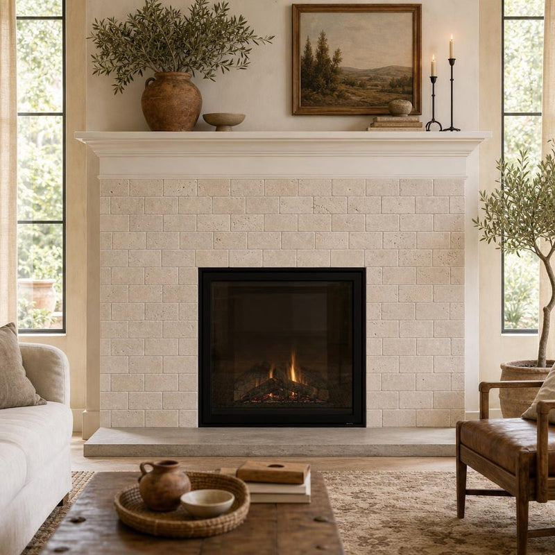 Antique Classico 3x6 Subway Tumbled Travertine Tile — Living Room fireplace surround