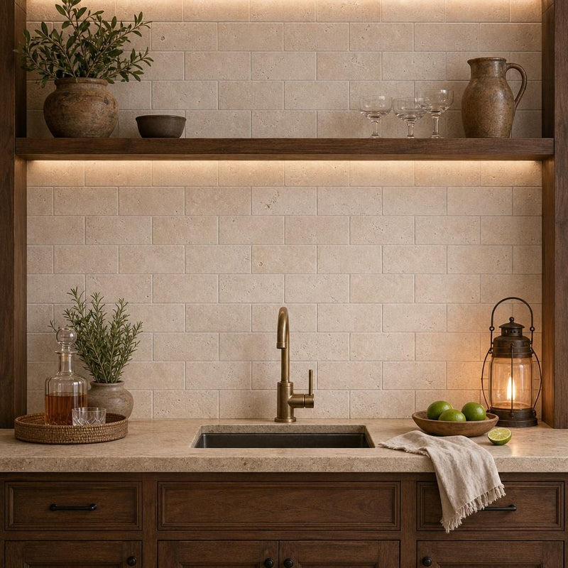 Antique Classico 3x6 Subway Tumbled Travertine Tile — Wet Bar backsplash