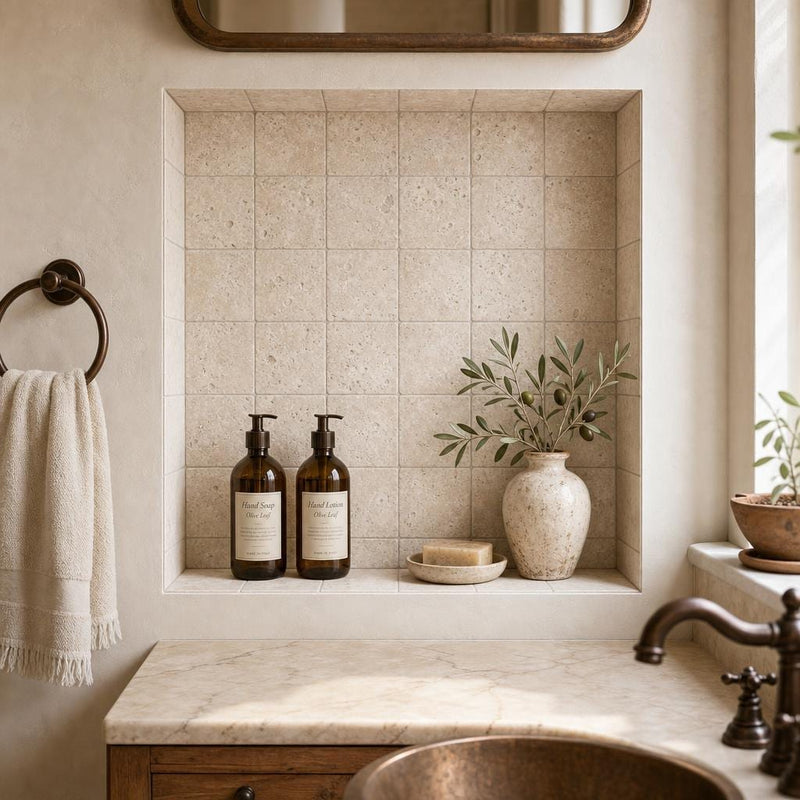 Antique Classico 4x4 Tumbled Travertine Tile — Bathroom niche