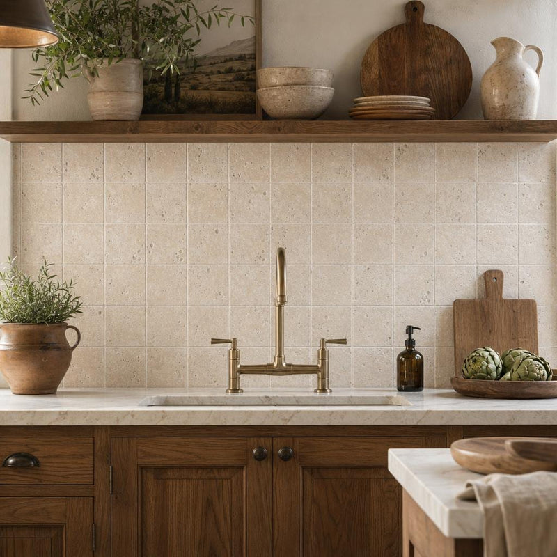 Antique Classico 4x4 Tumbled Travertine Tile — Kitchen backsplash