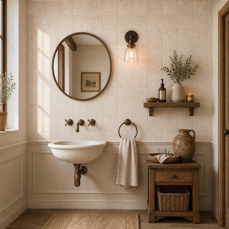 Antique Classico 4x4 Tumbled Travertine Tile — Powder Room wall