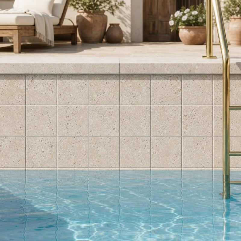 Antique Classico 4x4 Tumbled Travertine Tile — Swimming Pool waterline