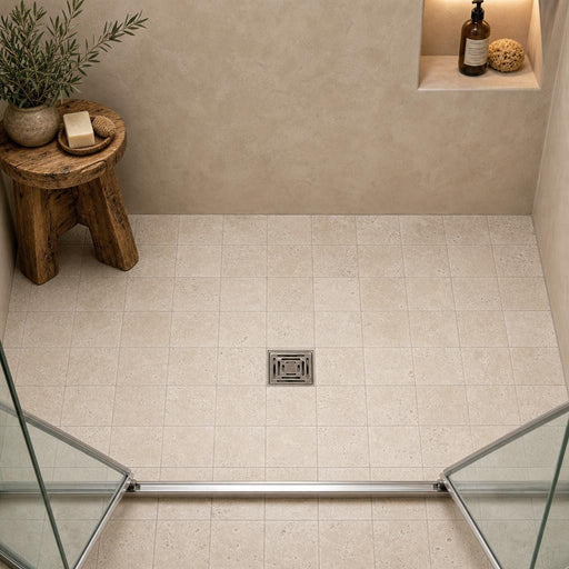 Antique Classico 6x6 Tumbled Travertine Tile — Bathroom shower floor