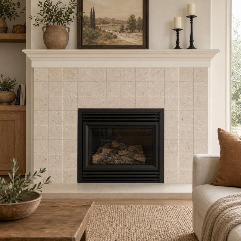 Antique Classico 6x6 Tumbled Travertine Tile — Living Room fireplace surround