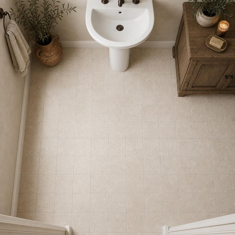 Antique Classico 6x6 Tumbled Travertine Tile — Powder Room floor