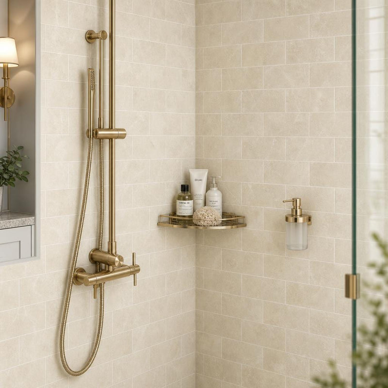 Antique Crema Marfil 3x6 Tumbled Marble Tile — Bathroom shower wall