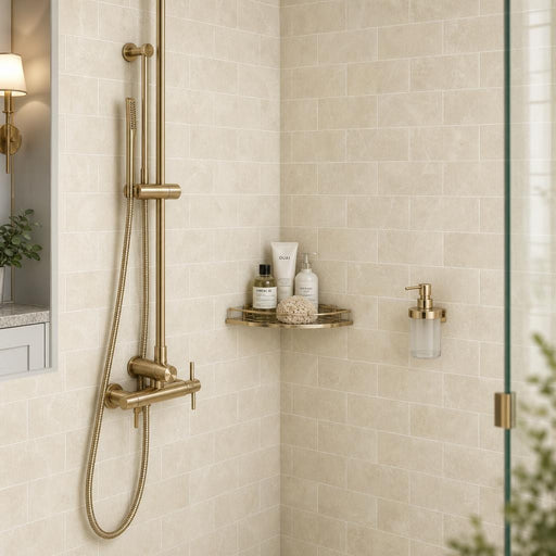 Antique Crema Marfil 3x6 Tumbled Marble Tile — Bathroom shower wall
