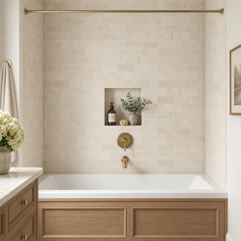 Antique Crema Marfil 3x6 Tumbled Marble Tile — Bathroom tub surround