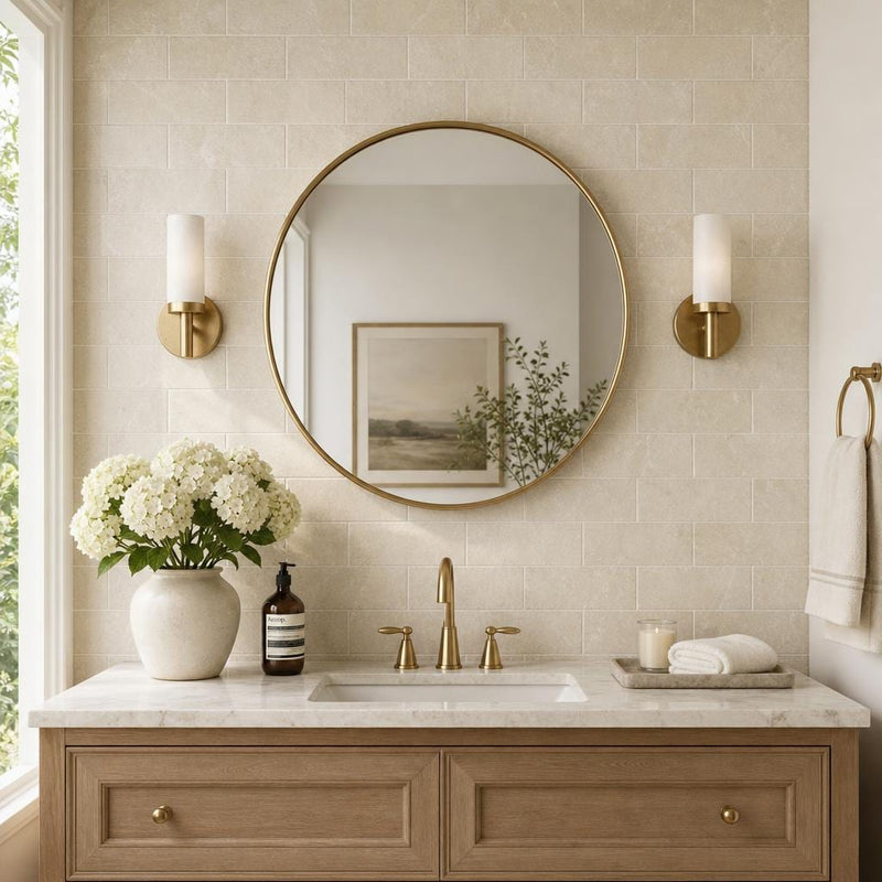 Antique Crema Marfil 3x6 Tumbled Marble Tile — Bathroom wall