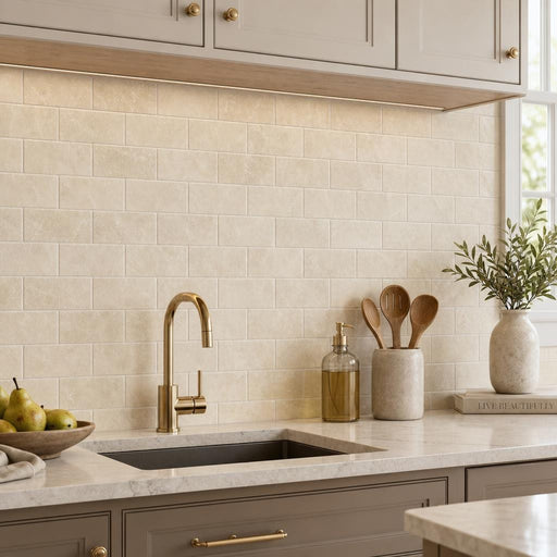 Antique Crema Marfil 3x6 Tumbled Marble Tile — Kitchen backsplash