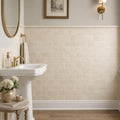 Antique Crema Marfil 3x6 Tumbled Marble Tile — Powder Room wainscot