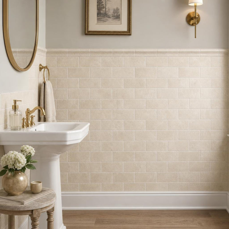 Antique Crema Marfil 3x6 Tumbled Marble Tile — Powder Room wainscot