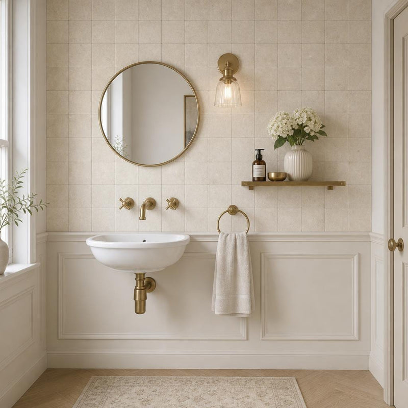 Antique Crema Marfil 4x4 Tumbled Marble Tile — Powder Room wall