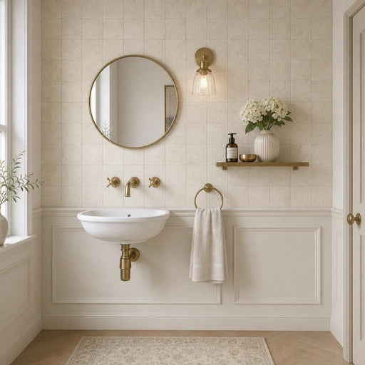 Antique Crema Marfil 4x4 Tumbled Marble Tile — Powder Room wall