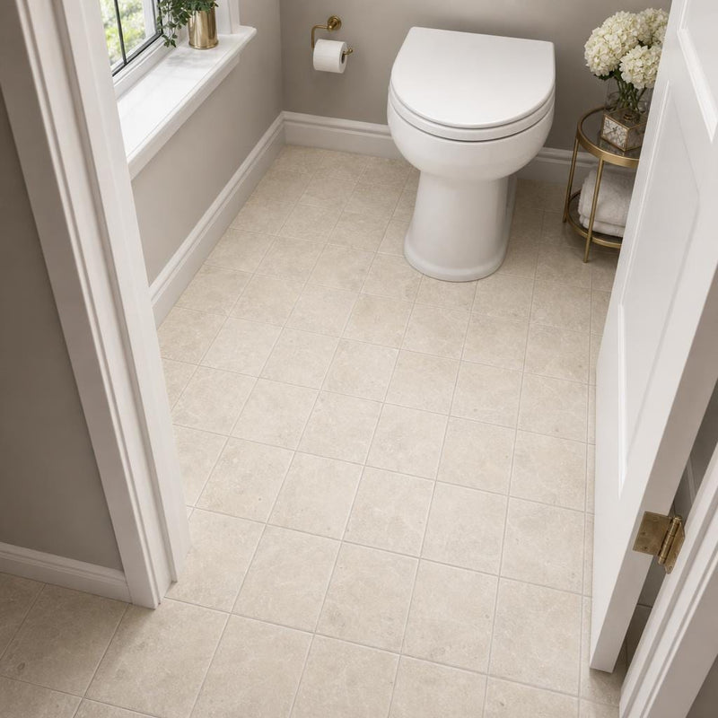 Antique Crema Marfil 6x6 Tumbled Marble Tile — Bathroom floor
