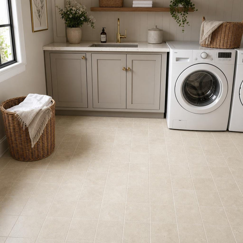 Antique Crema Marfil 6x6 Tumbled Marble Tile — Laundry Room floor