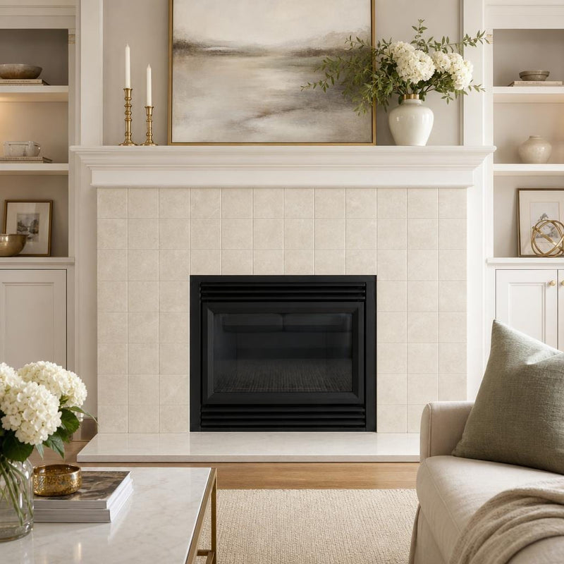 Antique Crema Marfil 6x6 Tumbled Marble Tile — Living Room fireplace surround