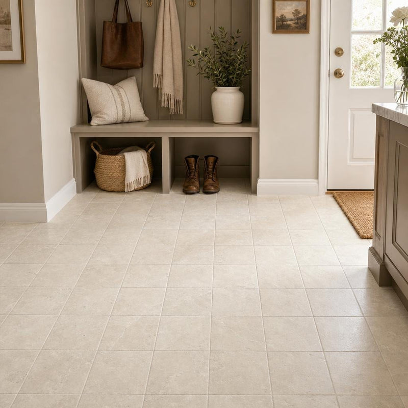 Antique Crema Marfil 6x6 Tumbled Marble Tile — Mudroom floor