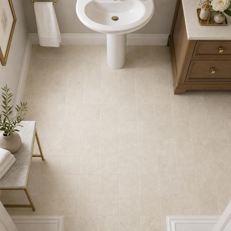 Antique Crema Marfil 6x6 Tumbled Marble Tile — Powder Room floor