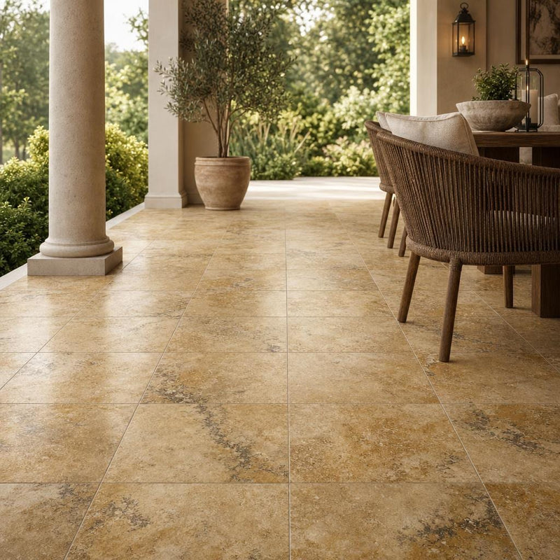 Antique Gold Travertine Tile 18x18 Filled, Honed — Covered Patio floor