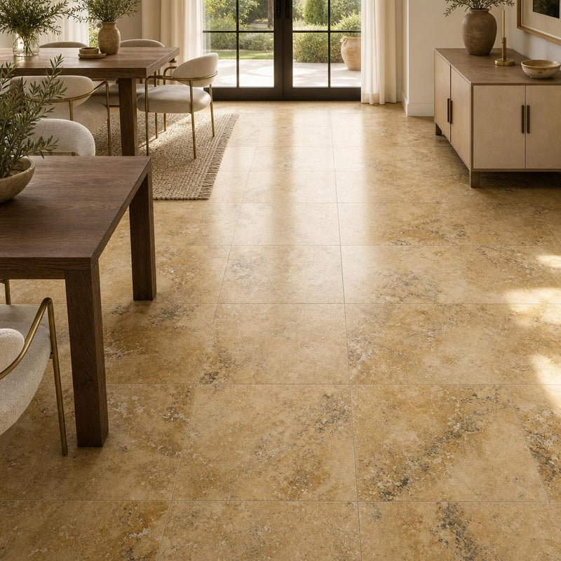 Antique Gold Travertine Tile 18x18 Filled, Honed — Dining Room floor