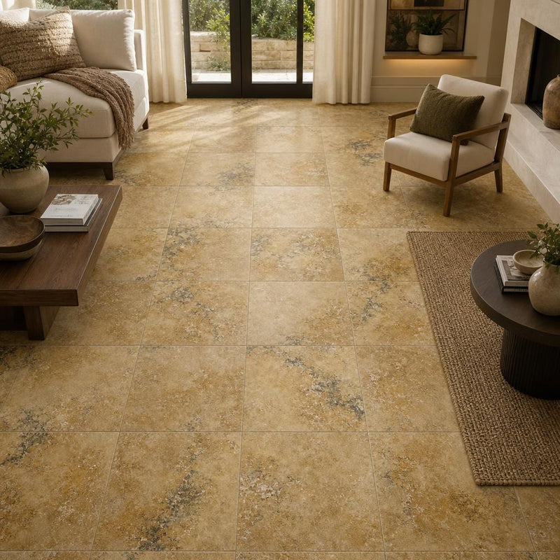 Antique Gold Travertine Tile 18x18 Filled, Honed — Family Room floor