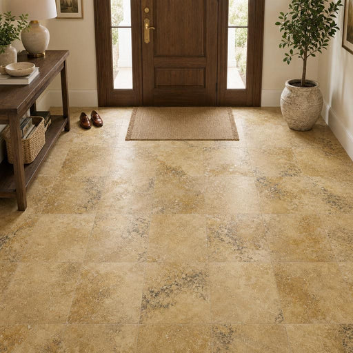 Antique Gold Travertine Tile 18x18 Filled, Honed — Foyer floor