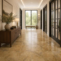 Antique Gold Travertine Tile 18x18 Filled, Honed — Hallway floor