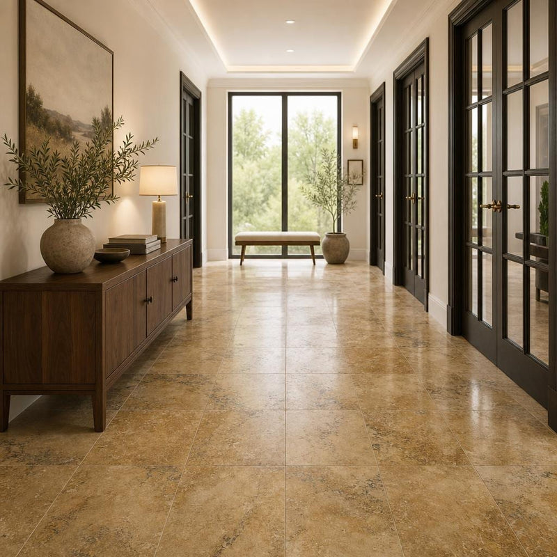 Antique Gold Travertine Tile 18x18 Filled, Honed — Hallway floor