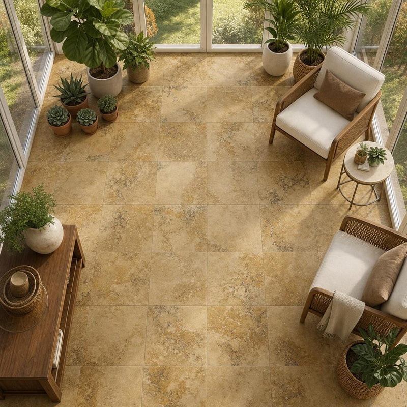 Antique Gold Travertine Tile 18x18 Filled, Honed — Sunroom floor