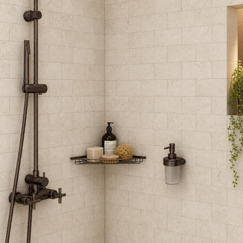 Antique Ivory 3x6 Subway Tumbled Travertine Tile — Bathroom shower wall