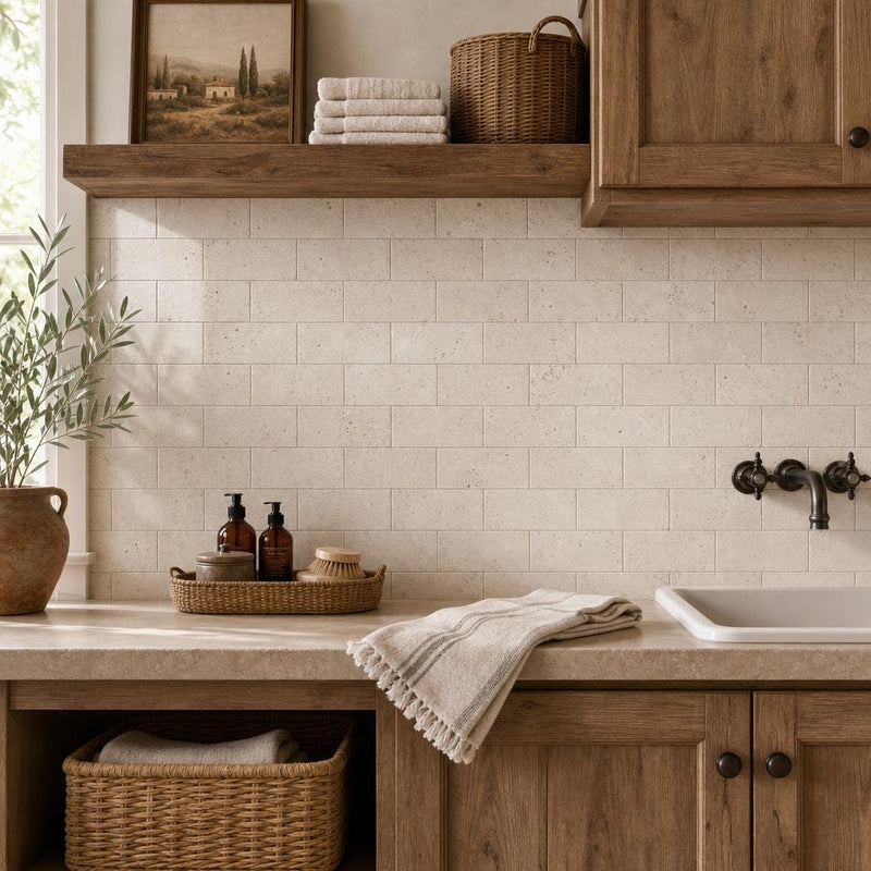 Antique Ivory 3x6 Subway Tumbled Travertine Tile — Laundry Room backsplash