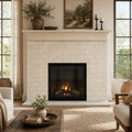 Antique Ivory 3x6 Subway Tumbled Travertine Tile — Living Room fireplace surround