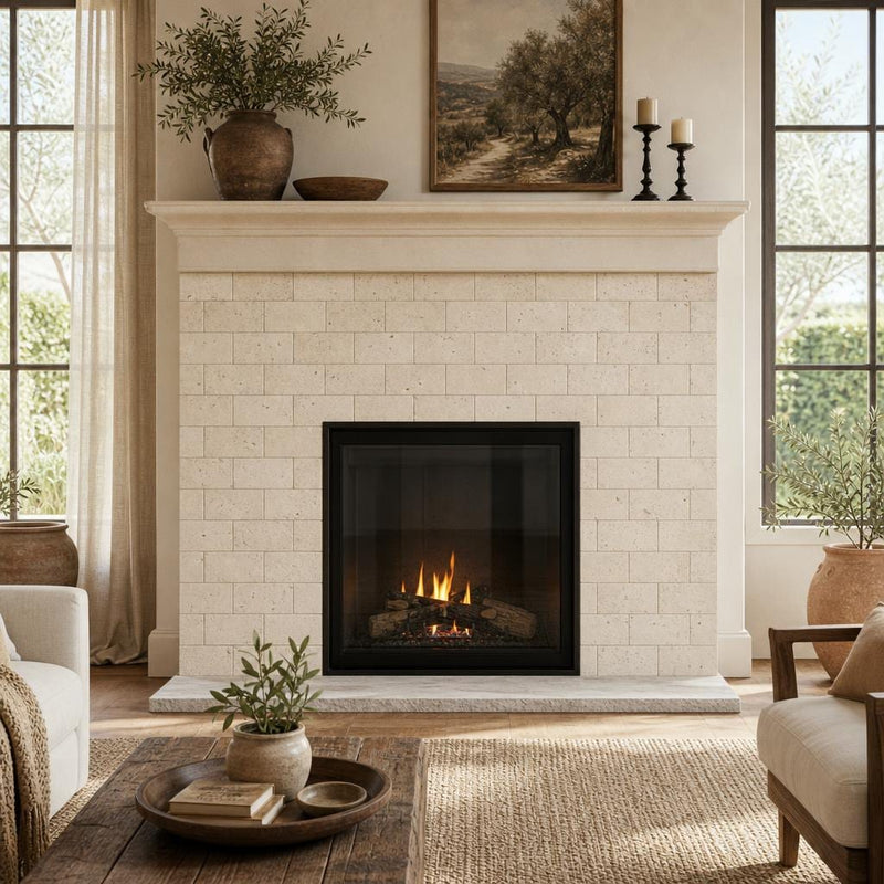 Antique Ivory 3x6 Subway Tumbled Travertine Tile — Living Room fireplace surround