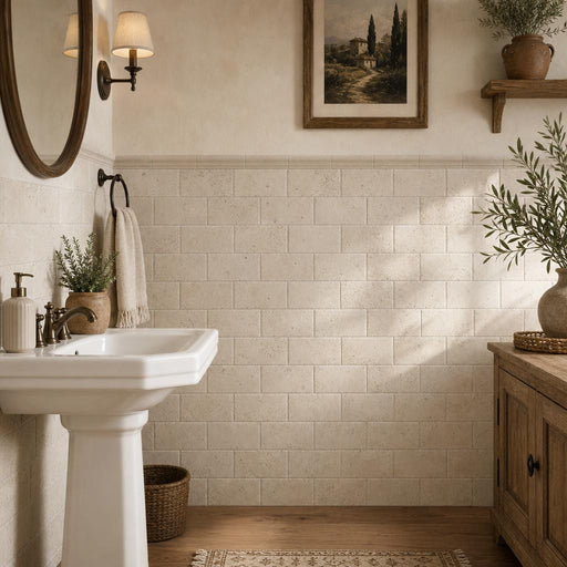 Antique Ivory 3x6 Subway Tumbled Travertine Tile — Powder Room wainscot