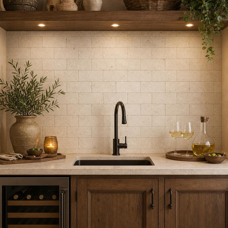 Antique Ivory 3x6 Subway Tumbled Travertine Tile — Wet Bar backsplash