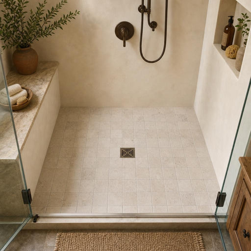 Antique Ivory 6x6 Tumbled Travertine Tile — Bathroom shower floor