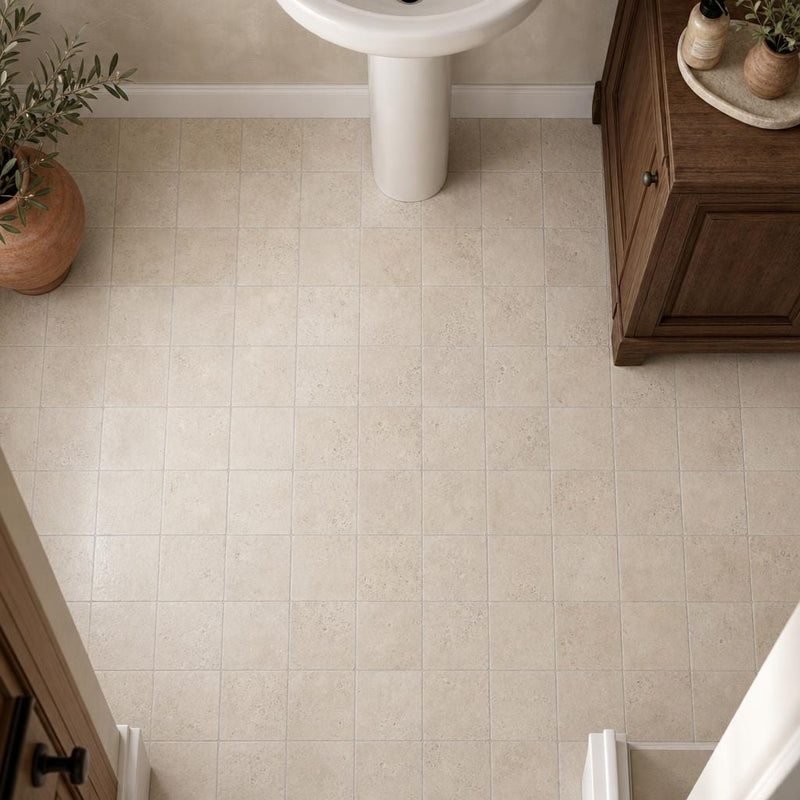 Antique Ivory 6x6 Tumbled Travertine Tile — Powder Room floor