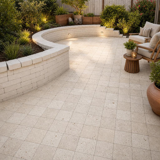 Antique Light Travertine Paver 6x6 Tumbled — Backyard patio