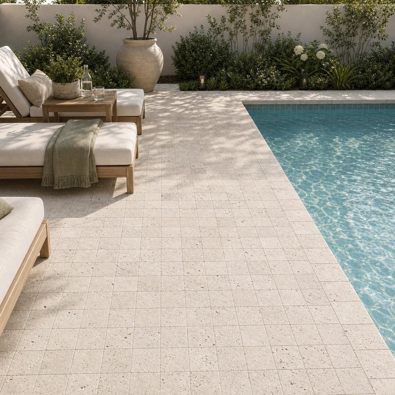 Antique Light Travertine Paver 6x6 Tumbled — Backyard pool deck