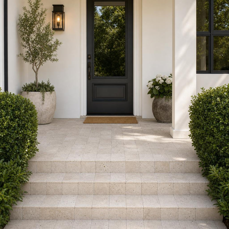 Antique Light Travertine Paver 6x6 Tumbled — Front Yard front porch